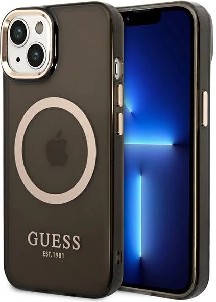 Mbështjellës Guess Gold Outline Translucent MagSafe për iPhone 14 Plus 6.7", i zi/me të artë