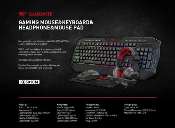 Set gaming 4-në-1 HAVIT Gamenote HV-KB501CM (tastierë USB SLO me LED, maus 6-tasta, mauspad, kufje stereo), e zezë/kuqe