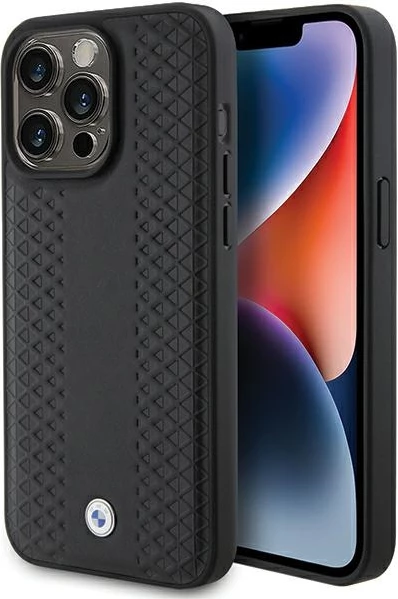 Mbështjellës BMW Leather Diamond Pattern për iPhone 15 Pro Max, i zi