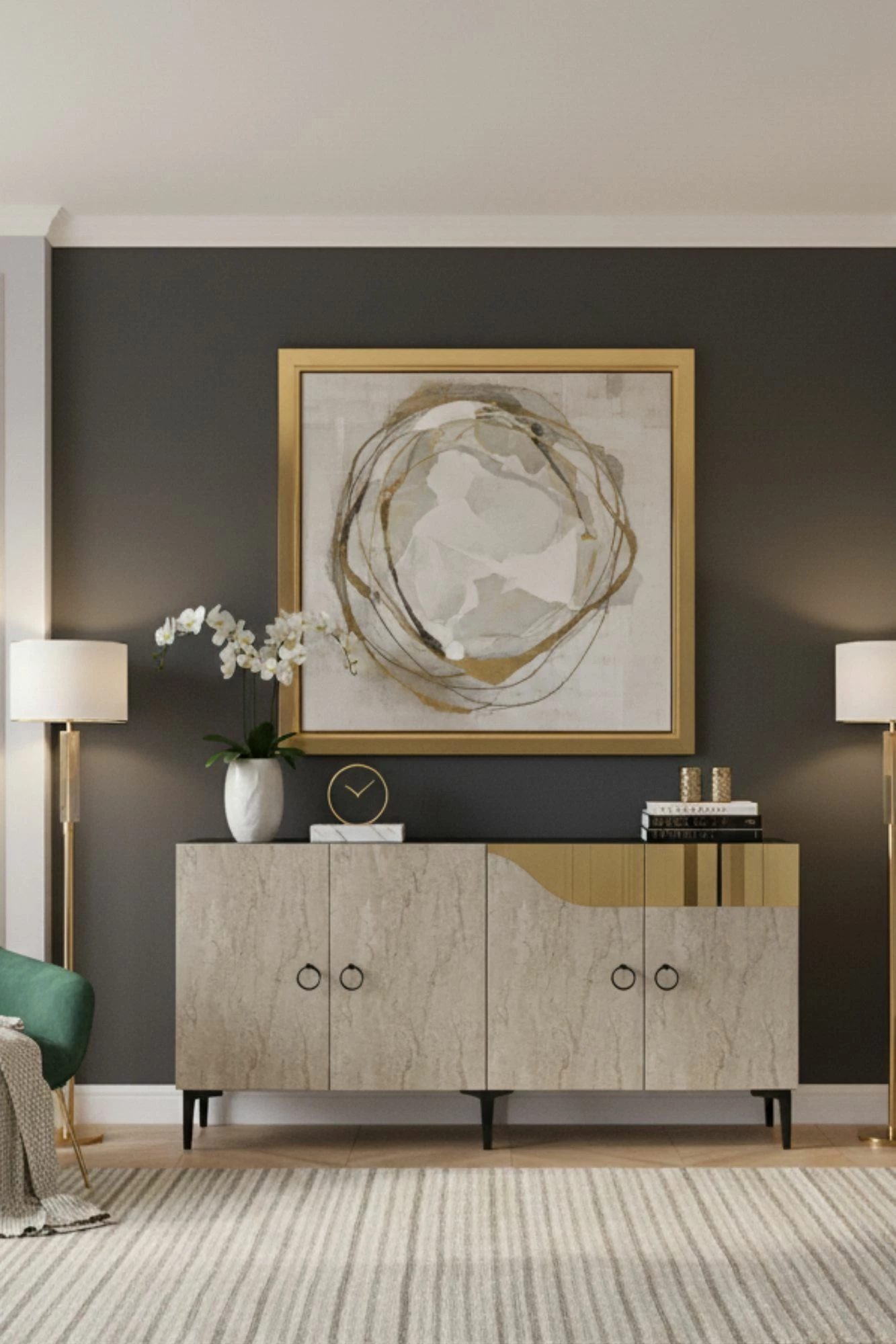 Konsol Skye Decor, Gama 150, e bardhë, travertin, ari