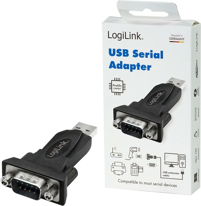 Adapter USB 2.0 A në DB9 (RS232), LogiLink AU0002F, për Kompjuter, kompatibil me Windows 11, e zezë, me kabllo zgjatuese 80 cm