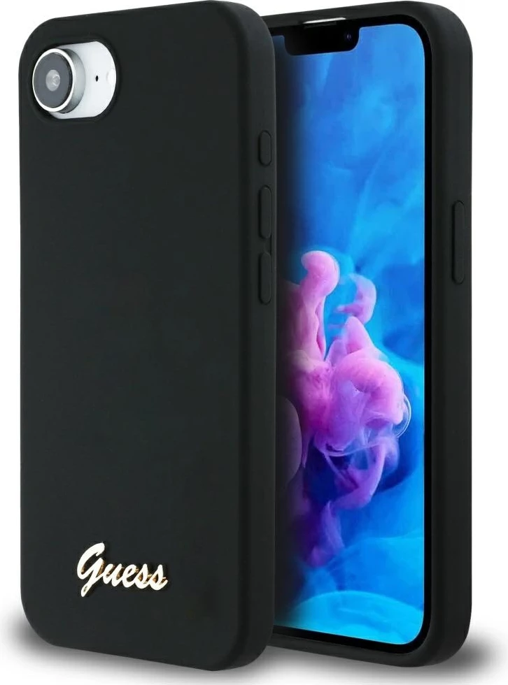 Mbështjellës Guess Silicone Script Metal Logo MagSafe për iPhone 16e, i zi