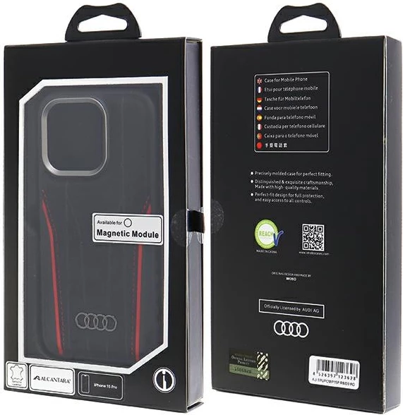 Mbështjellës Audi Genuine Leather me MagSafe për iPhone 15 Pro, zi e kuqe