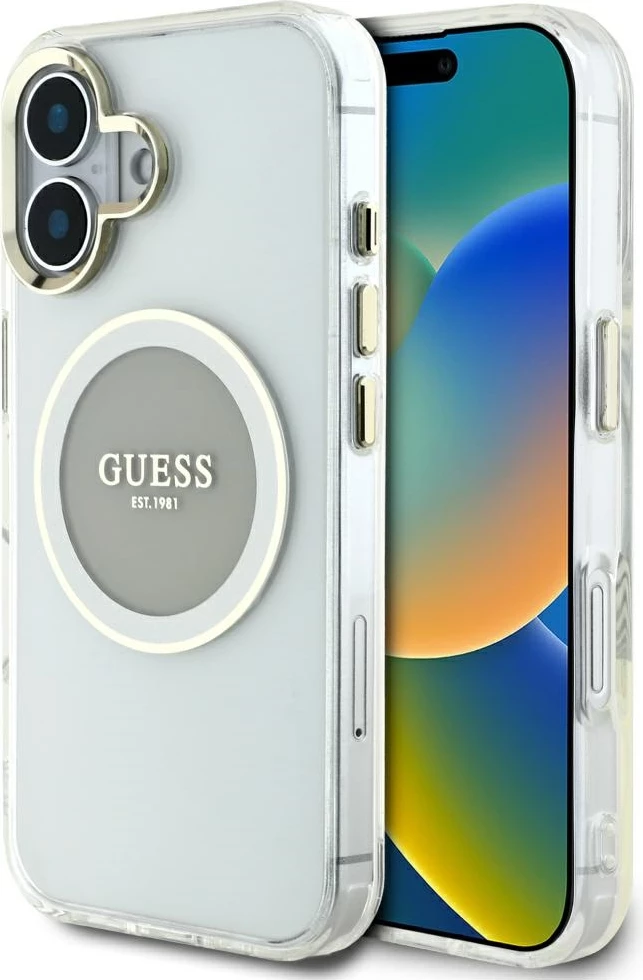 Mbështjellës Guess IML Metal Colored Circle Classic Logo MagSafe për iPhone 16, Gri