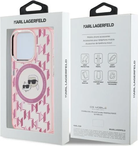 Mbështjellës Karl Lagerfeld IML Monogram Karl & Choupette Head MagSafe për iPhone 15 Pro Max, Rozë