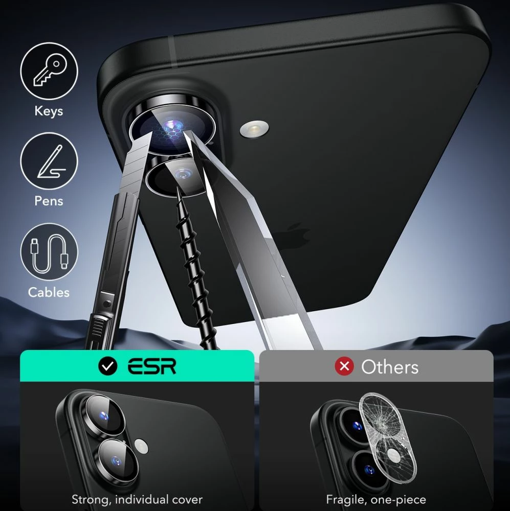 Mbështjellës xhami për kamerë ESR Armorite për iPhone 16 / 16 Plus, Zi