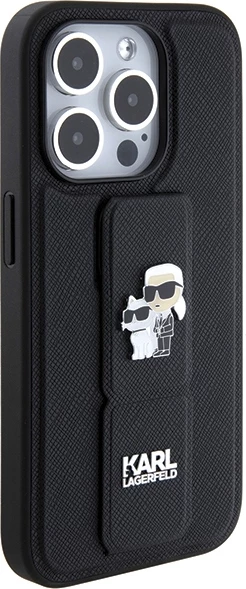 Mbështjellës Karl Lagerfeld Gripstand Saffiano Karl&Choupette Pins për iPhone 14 Pro, i zi