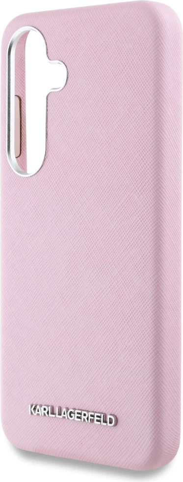 Mbështjellës Karl Lagerfeld Saffiano Full Wrapped Elongated Metal Logo MagSafe për Samsung Galaxy S25, Rozë