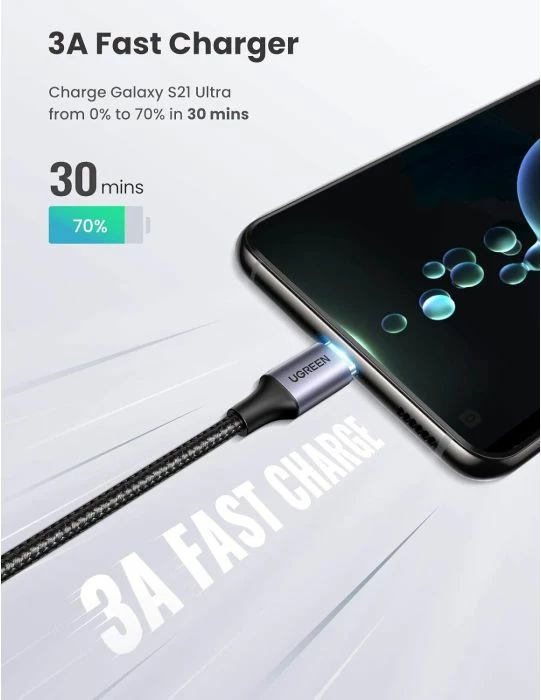 Kabllo USB-C në USB-C UGREEN 80714 60W 3m me kënd 90°, e zezë/argjend