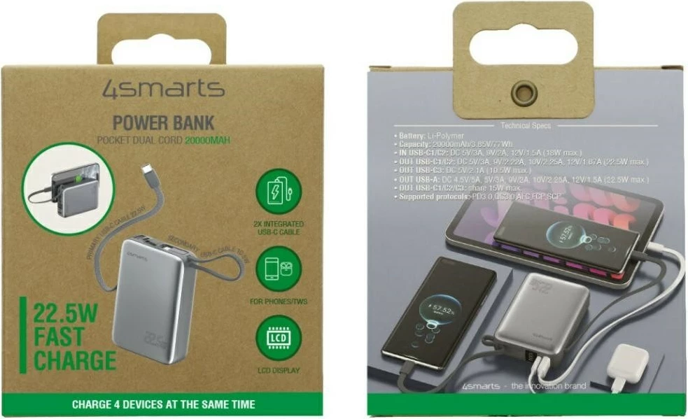 Power bank 4smarts Pocket Dual Cord 4SM000029 20000mAh 22.5W me kabllo USB-C të integruar 15 cm, gri