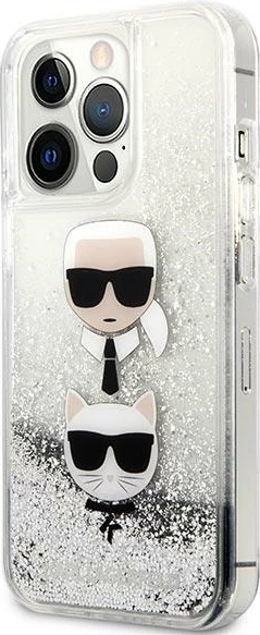 Mbështjellës Karl Lagerfeld KLHCP13XKICGLS për iPhone 13 Pro Max 6.7", hardcase, argjendtë, Liquid Glitter Karl & Choupette Head