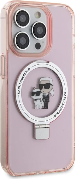 Mbështjellës Karl Lagerfeld KLHMP15LHMRSKCP për iPhone 15 Pro 6.1", me unazë Ring Stand, MagSafe, rozë