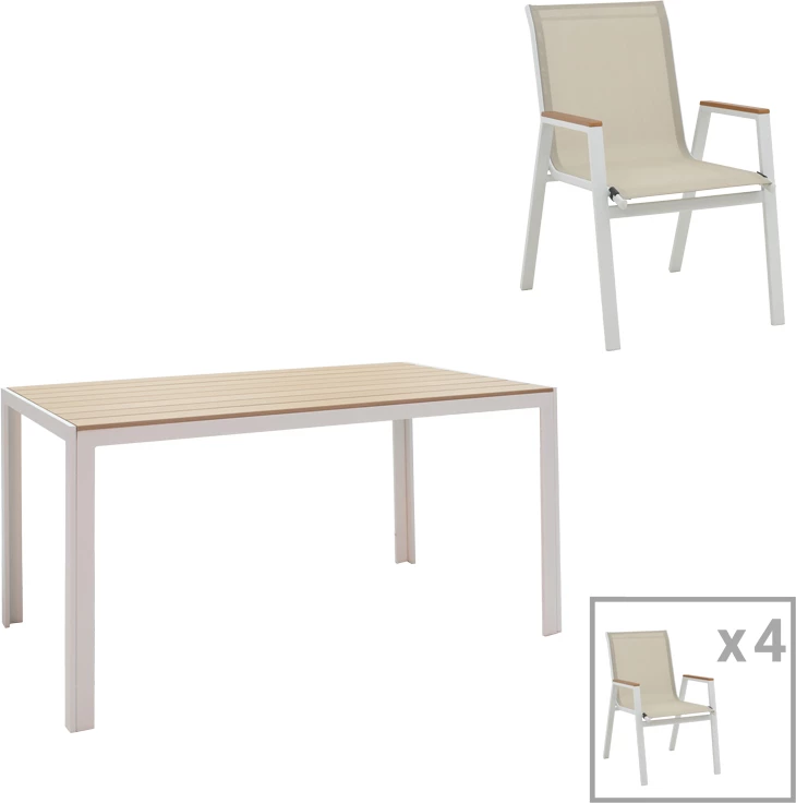 Set tavolinë me karrige për terasë Nares-Azelie A, 5 pjesë, alumin i bardhë dhe plywood natyral, 140x80x72.5cm