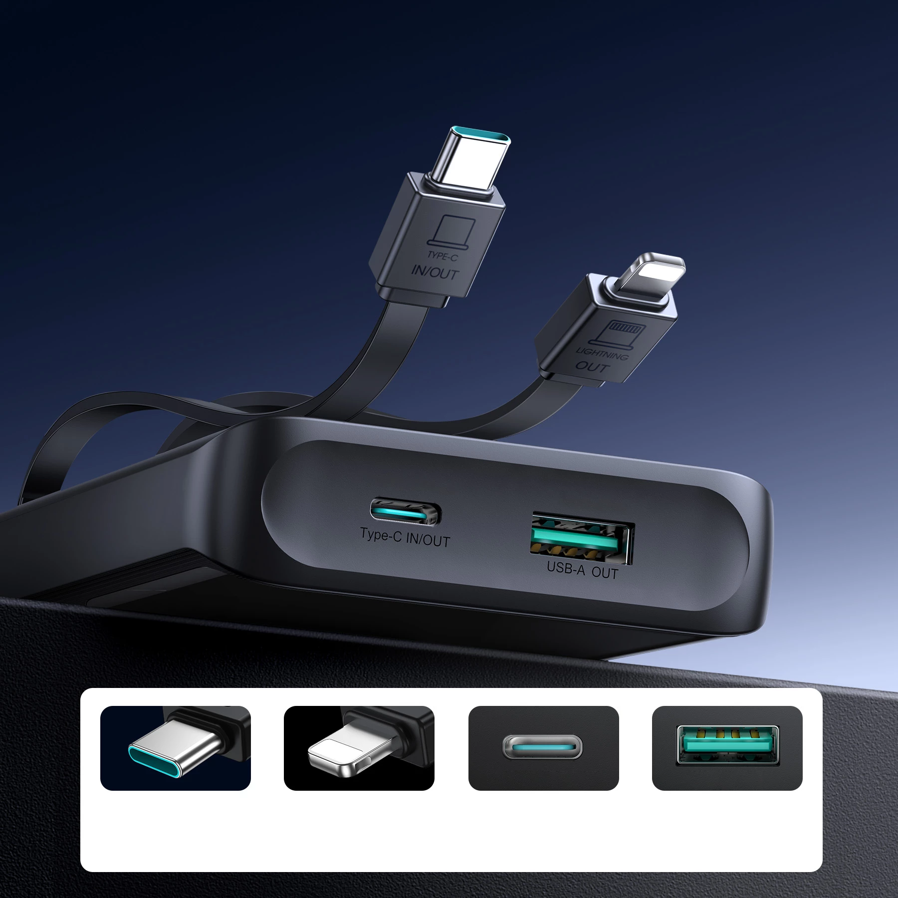 Powerbank Joyroom JR-PBF19 10000mAh 22.5W me dy kabllo të integruara USB-C dhe Lightning, e zezë