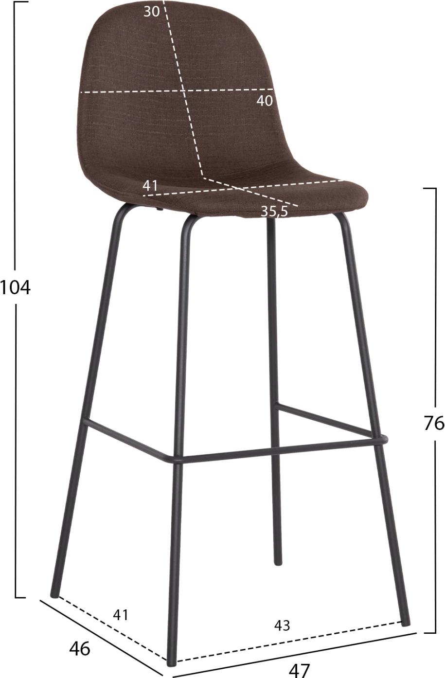 Karrige për bar VINCENT FH8579.23, ngjyrë kafe, kornizë metalike e zezë, 47x46x104H cm, set prej 4 copash