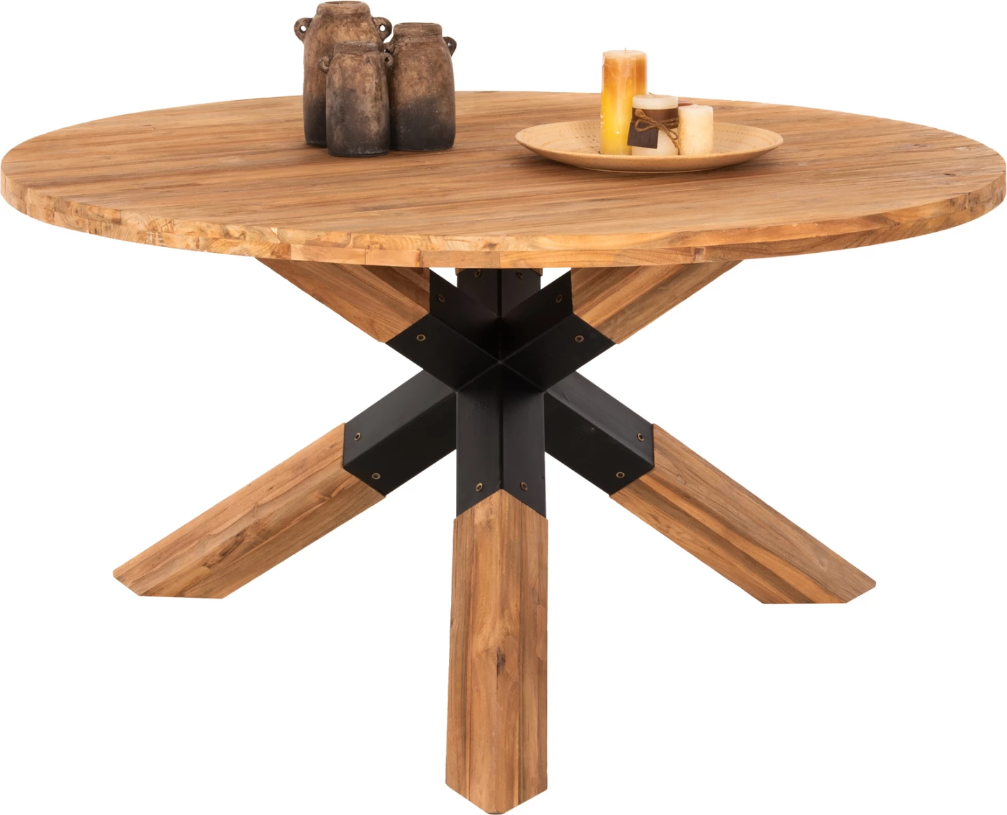 Tavolinë ngrënieje e rrumbullakët, dru TEAK i ricikluar, këmbë metalike, FH9559, Φ150x78H cm