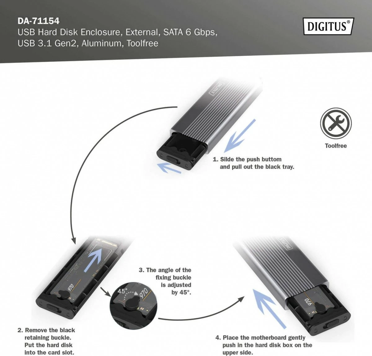 Kasë Digitus DA-71154 për SSD M.2 SATA, USB 3.1, Alumini, Gri