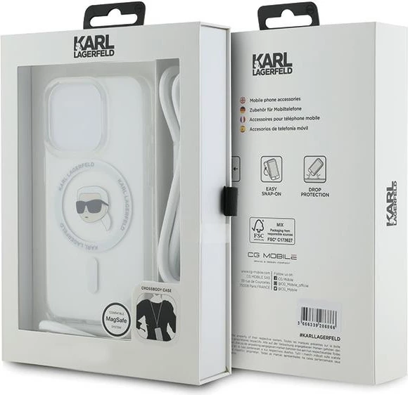 Mbështjellës Karl Lagerfeld Crossbody IML Karl Head MagSafe për iPhone 15 Pro Max, Transparent