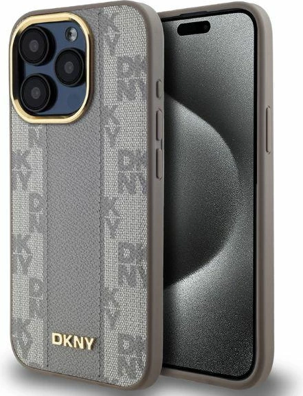 Mbështjellës DKNY Leather Checkered Mono Pattern MagSafe për iPhone 15 Pro, Bezhe