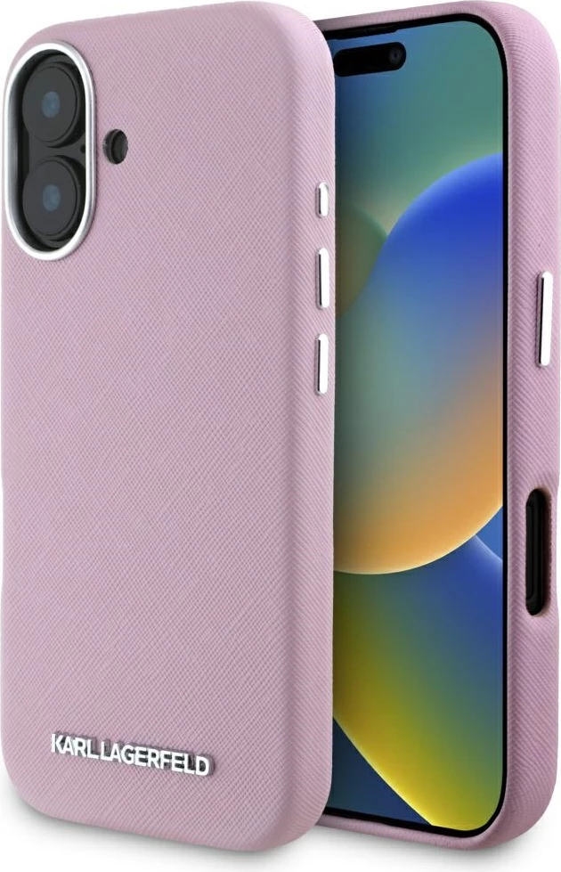 Mbështjellës Karl Lagerfeld Saffiano Full Wrapped Elongated Metal Logo MagSafe për iPhone 16, Rozë