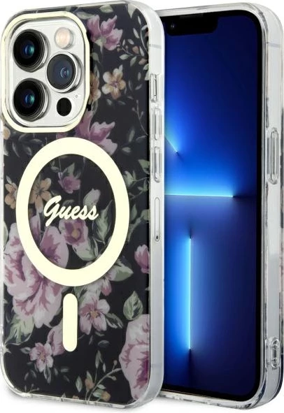 Mbështjellës Guess GUHMP14LHCFWSK për iPhone 14 Pro 6.1", Flower MagSafe, zi