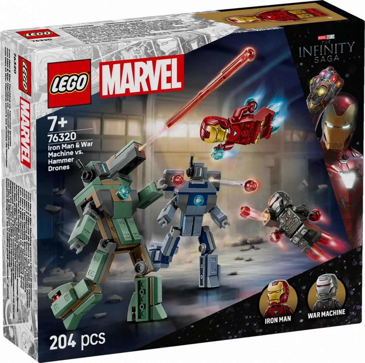 Set LEGO Marvel Super Heroes 76320, Iron Man dhe War Machine kundër Hammer Drones, 204 pjesë