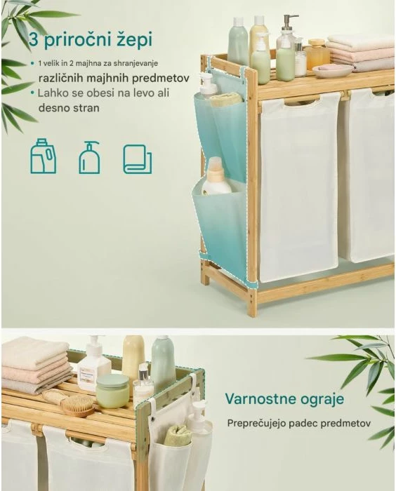 shportë rrobash SONGMICS RLH100W01 100L me 2 ndarje, raft sipër dhe xhepa anësorë, bambu/oxford, 63x33x78 cm, krem e bardhë