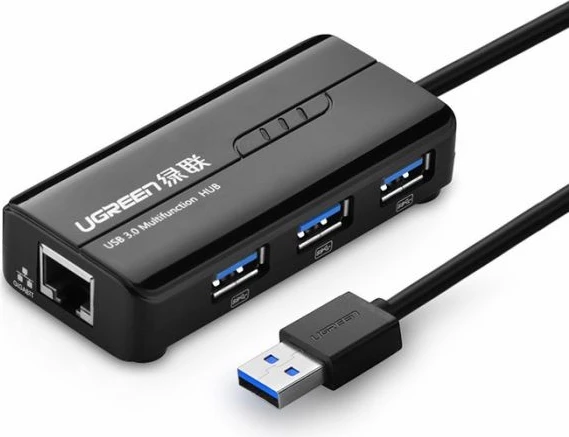 hub USB 3.0 UGREEN 20265 me 3x USB-A + RJ45 Gigabit Ethernet, e zezë, në kuti