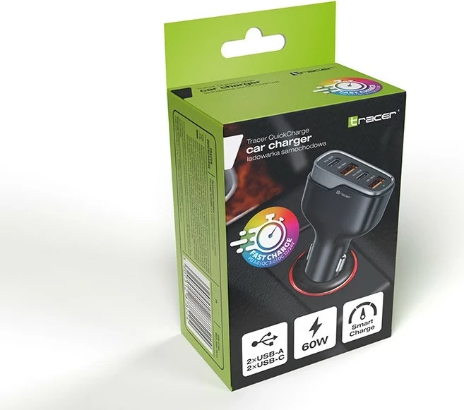 Karikues veture Tracer QuickCharger 60W, 2x USB-C, 2x USB-A, Power Delivery, i përshtatshëm për Apple