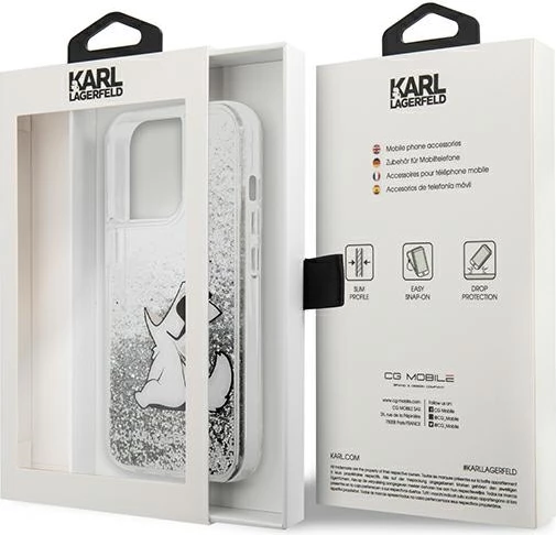 Mbështjellës Karl Lagerfeld Liquid Glitter Choupette Fun për iPhone 13 Pro Max 6.7", argjendtë