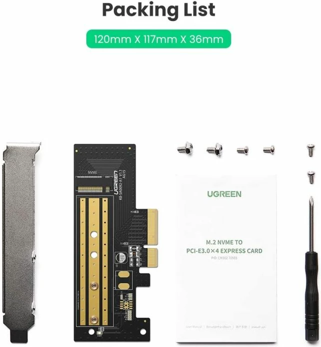 Adapter PCIe në M.2 NVMe UGREEN 70503, PCIe 3.0 x4, për SSD 2230/2242/2260/2280, deri 4TB, 32Gbps, e zezë, set me vida + kaçavidë