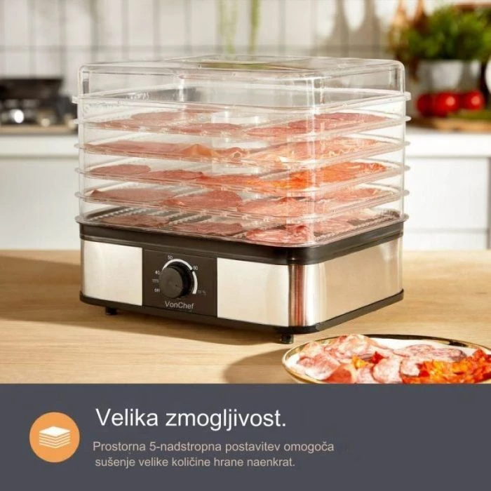 Dehidratues ushqimi VonShef 2013381 DEHYDRA 5-katësh 250W 40–70°C, argjendtë/zi