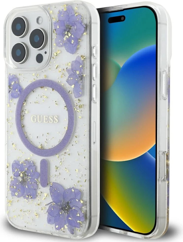 Mbështjellës MagSafe, Guess Resin Flowers, për iPhone 16 Pro 6.3", hardcase TPU/PC, vjollcë