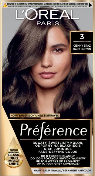 Ngjyrë për flokë për femra L'Oreal Paris Preference 3 Dark Brown, 1 copë