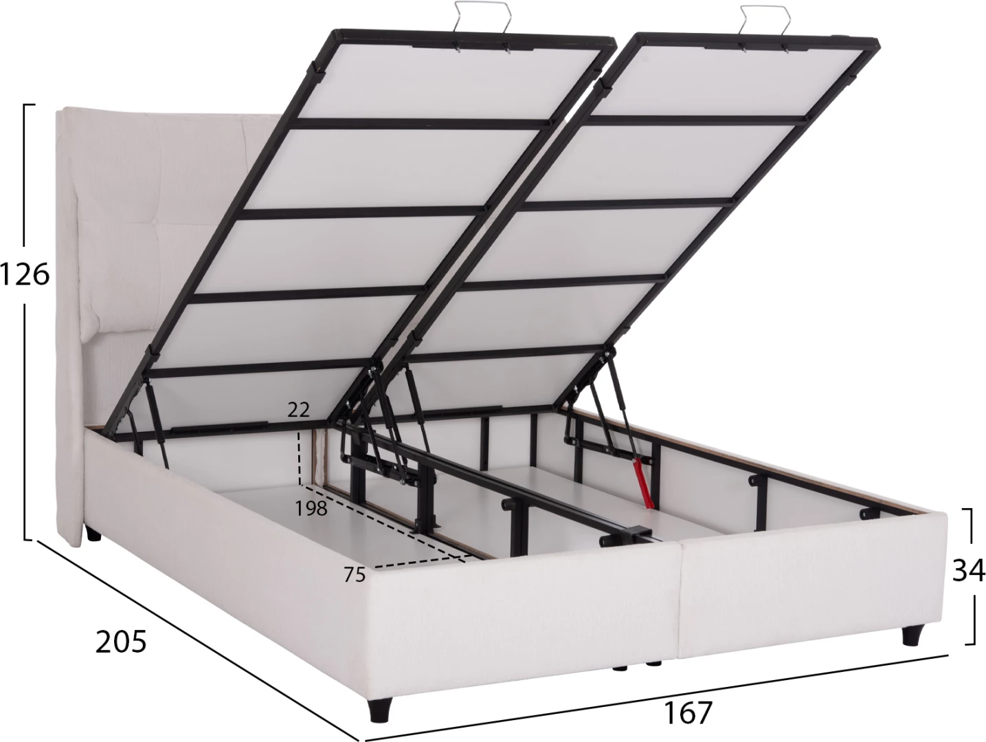 Krevat me hapësirë depozitimi DREAMLET, stof boucle i bardhë, për dyshek 160x200cm