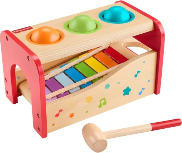 Lodër muzikore prej druri Fisher Price HXT88 me ksilofon dhe topa, shumëngjyrëshe