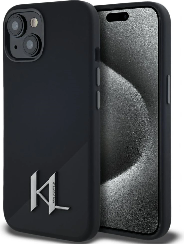 Mbështjellës Karl Lagerfeld Silicone Shadow Metal Initial MagSafe për iPhone 15, i zi