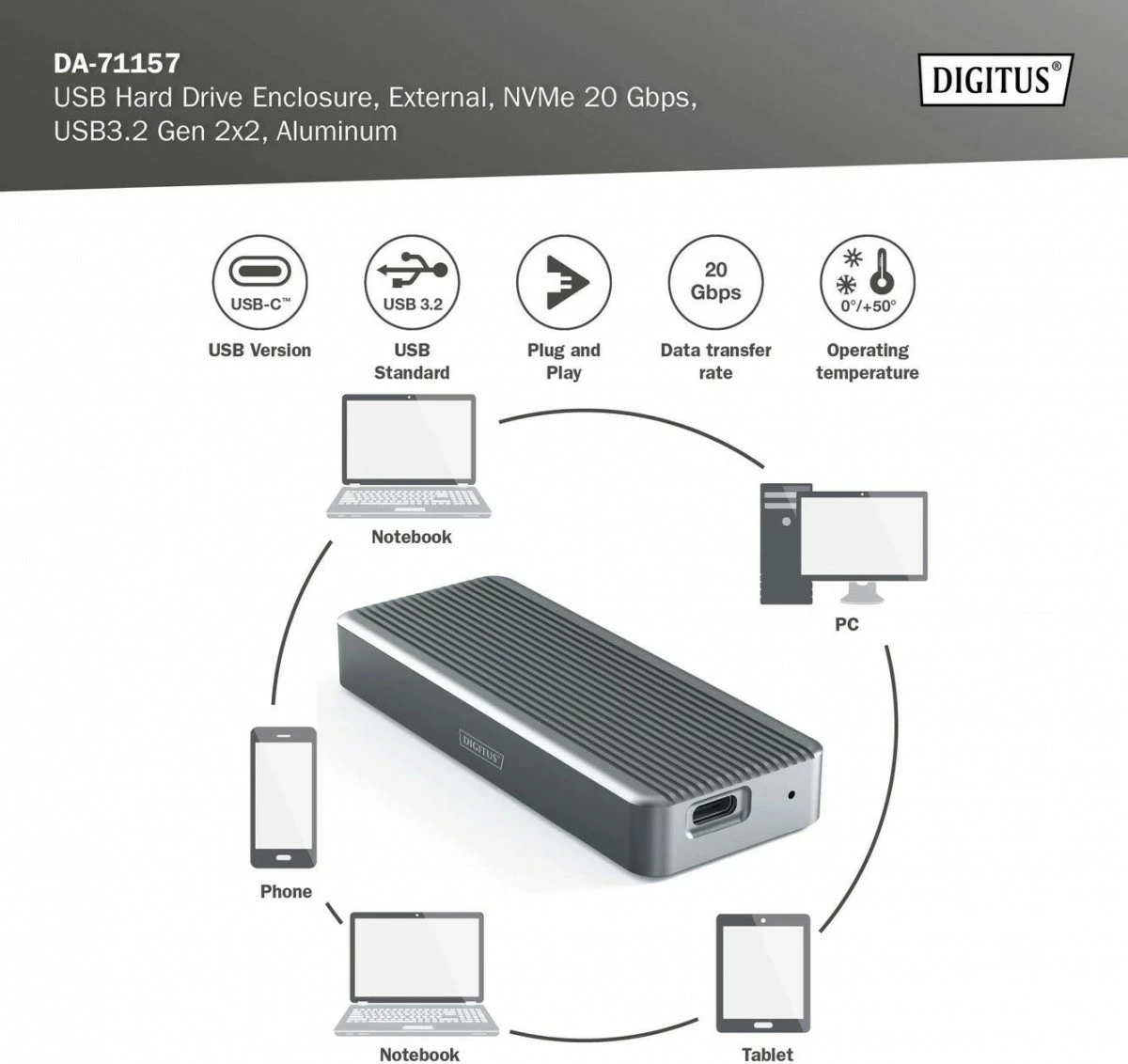Kasë Digitus DA-71157 për SSD M.2 NVMe, USB 3.2 Type C, 20 Gb/s, Alumini, Gri