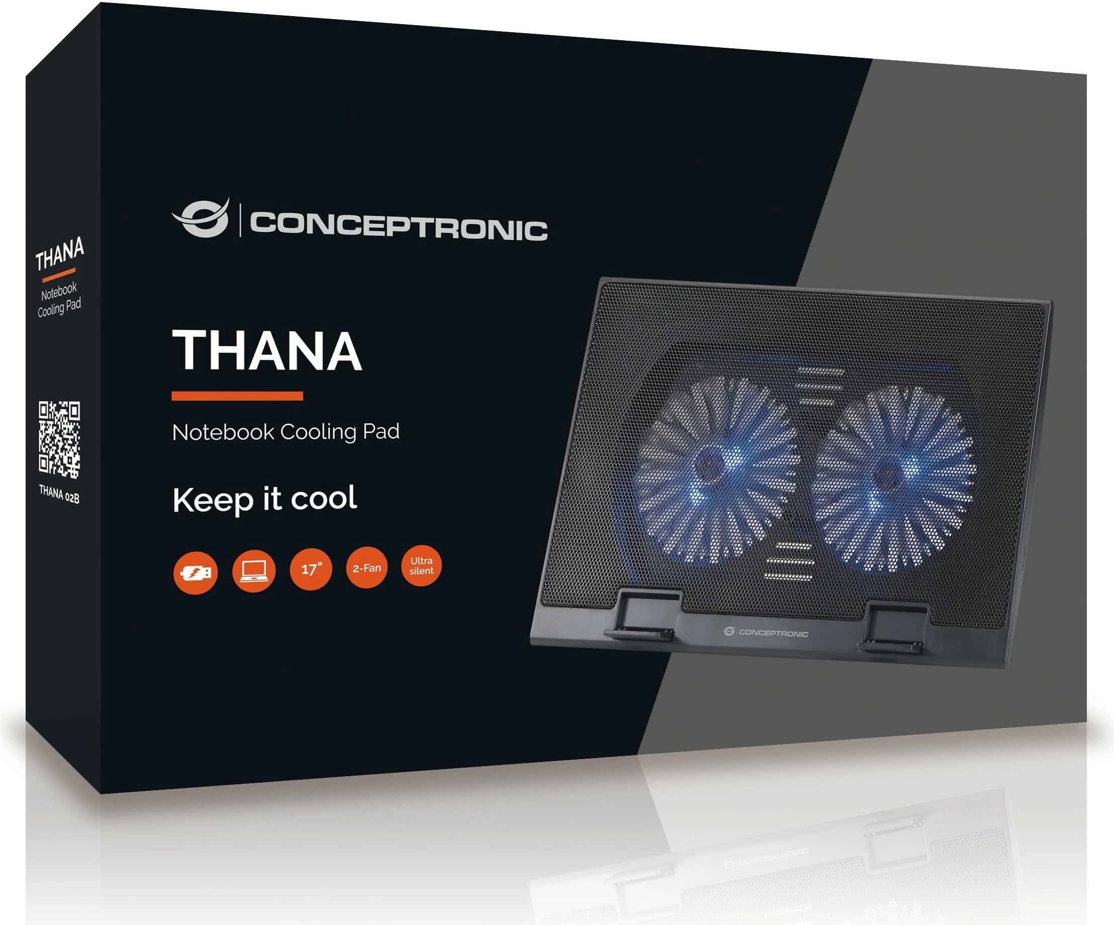 Pad ftohës laptopi Conceptronic 2-Fan, USB-A 2.0, deri 17 inç, zi