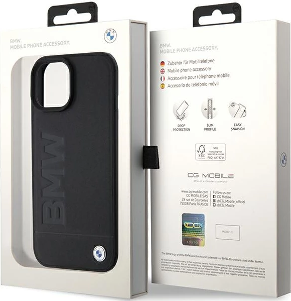 Mbështjellës BMW Leather Hot Stamp për iPhone 15, e zezë