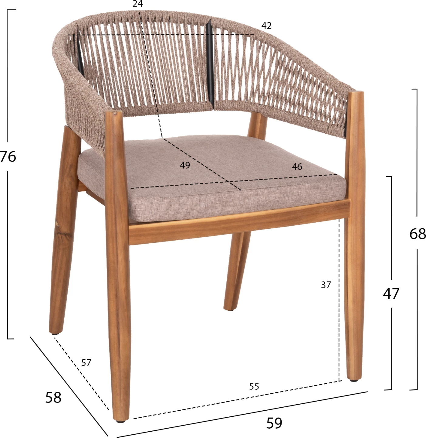 Tavolinë me karrige për terasë 9 pjesë NAVANT FH21066.02, tavolinë me 8 karrige, dru akacie, litar najloni, ngjyrë bezhë
