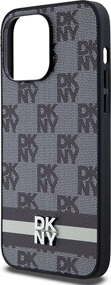 Mbështjellës DKNY Leather Checkered Mono Pattern & Printed Stripes për iPhone 14 Pro Max, i zi
