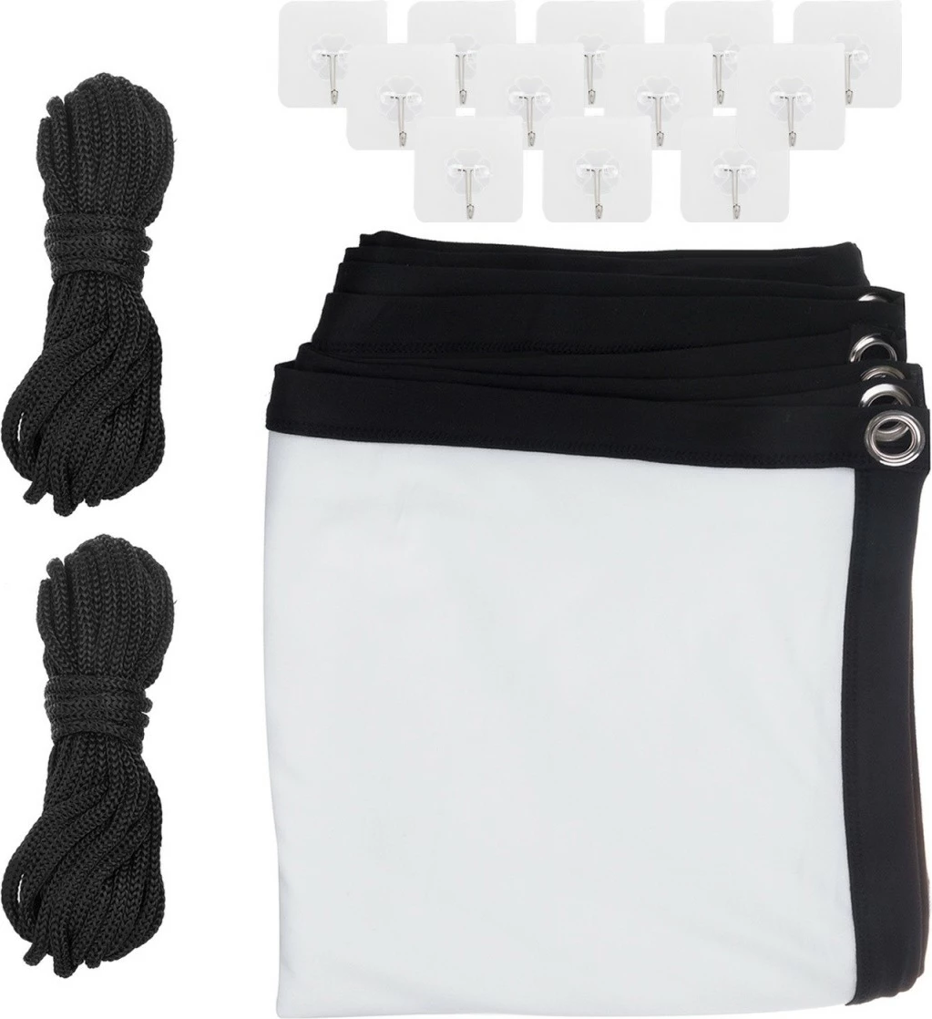 Ekran projekcioni Maclean MC-167, 150 inç, 16:9, 330x187cm, manual, me grepëza dhe litarë, i zi