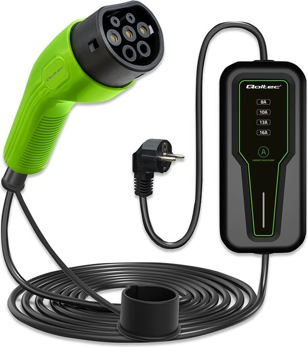 Karikues mobil EV, Qoltec 52574, Type 2, 3.5kW 230V, 1-fazë, rregullim 8A/10A/13A/16A, kabllo 4m, LCD, IP65 IK09, me çantë, e zezë e gjelbër