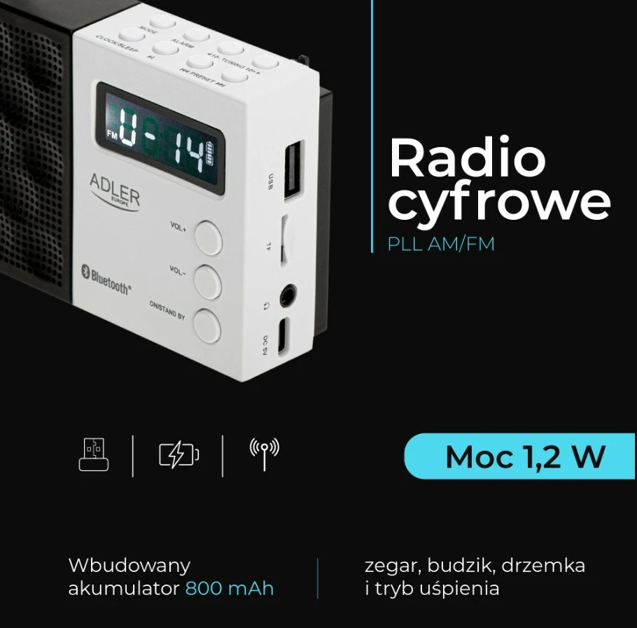 Radio digjitale Adler AD1908 me Bluetooth, USB/SD, e zezë/bardhë