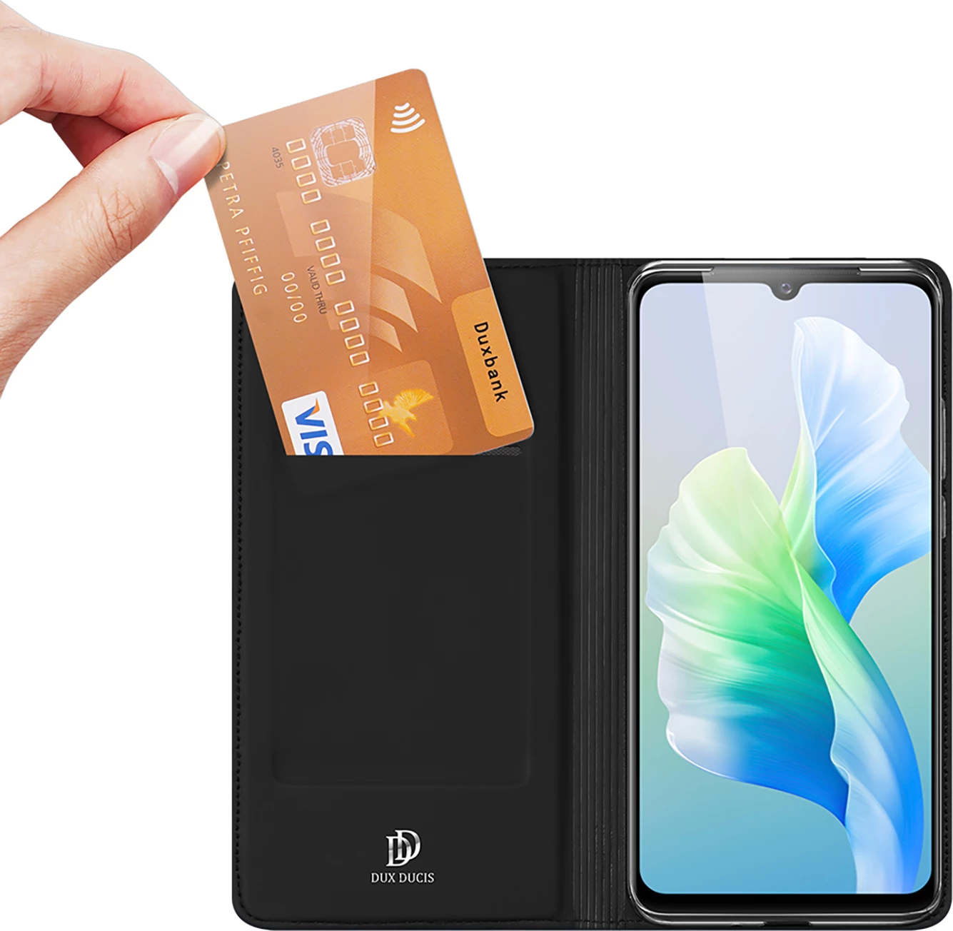 Mbështjellës Dux Ducis Skin Pro për Vivo V23e, me kapak, xhep kartelash dhe mbajtëse, e zezë