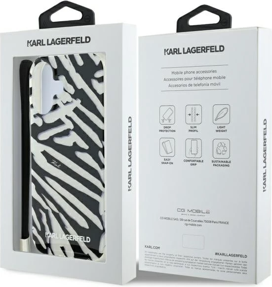 Mbështjellës Karl Lagerfeld IML Zebra Pattern & Cord për iPhone 16, Zi