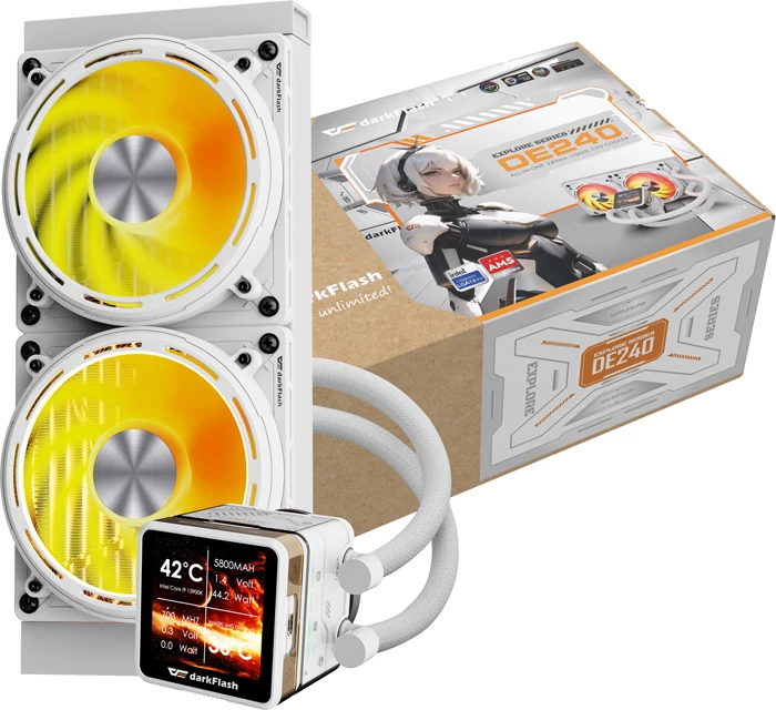 Ftohës uji për procesor, Darkflash Explore DE240, radiator 240 mm, 2x120 mm PWM ARGB, ekran IPS 2.88", e bardhë