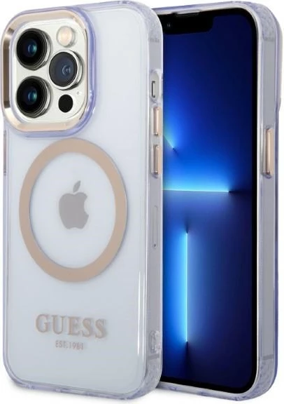Mbështjellës Guess Gold Outline MagSafe për iPhone 14 Pro Max 6.7", vjollcë