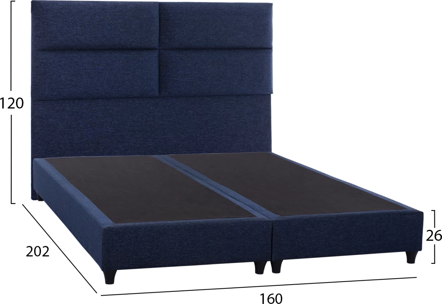 Krevat FH616.08, stof blu, për dyshek 160x200, mbështetëse koke, me 2 nënshtrime në vend të dërrasave të krevatit